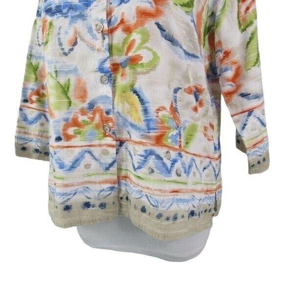 Alfred Dunner Button Front Blouse Aztec Floral Motif Size 8P Shoulder Pads - Picture 6 of 8